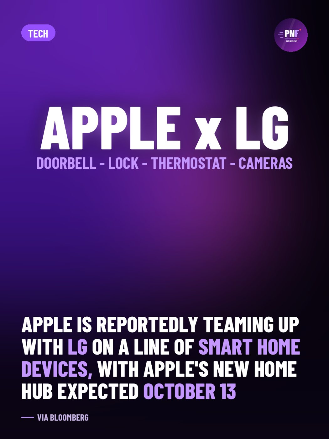 PopNewsFast graphic with the headline: Apple is reportedly teaming up with LG on a line of smart home devices, with Apple's new home hub expected October 13