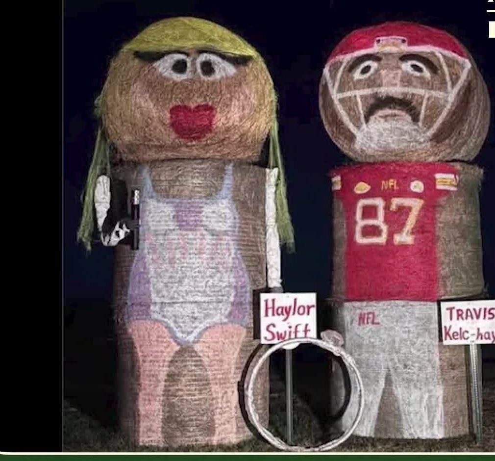 Image for the story: Travis Kelce on a fan's 'Haylor Swift' hay display: "Why'd they have to make my wife cross-eyed?"