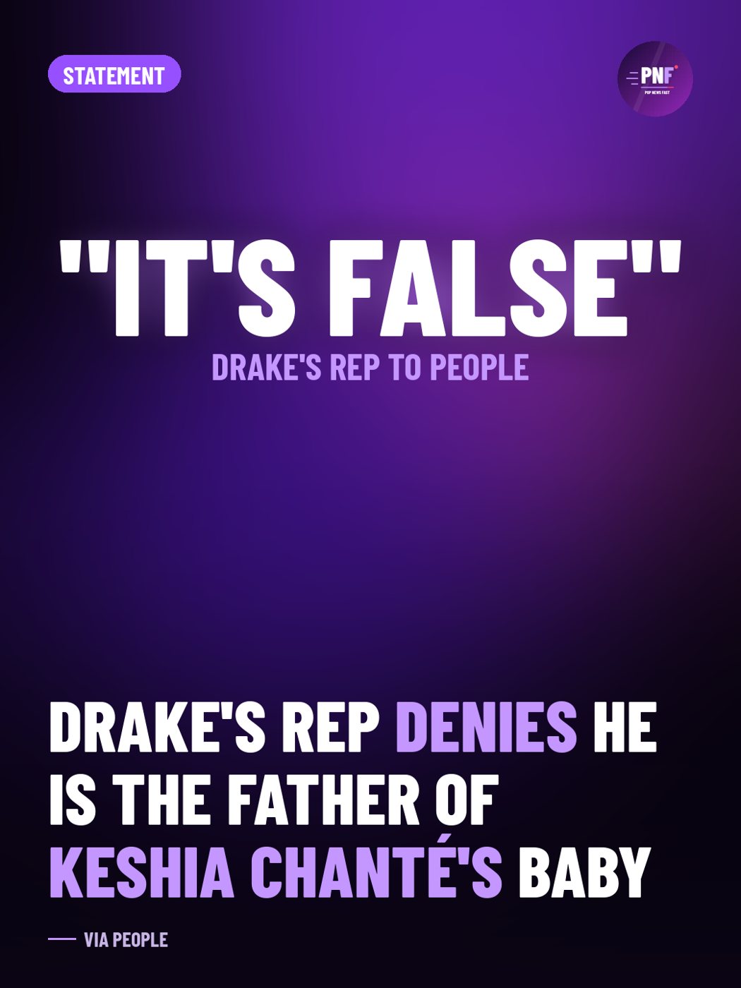 PopNewsFast graphic with the headline: Drake's rep denies he is the father of Keshia Chanté's baby